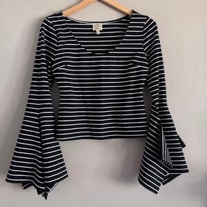 Torn By Ronny Kobo Black and White Striped Bell Sleeve Top Size Medium